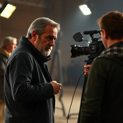 Jean Dujardin sur un plateau de tournage, répétant une scène avec le réalisateur.