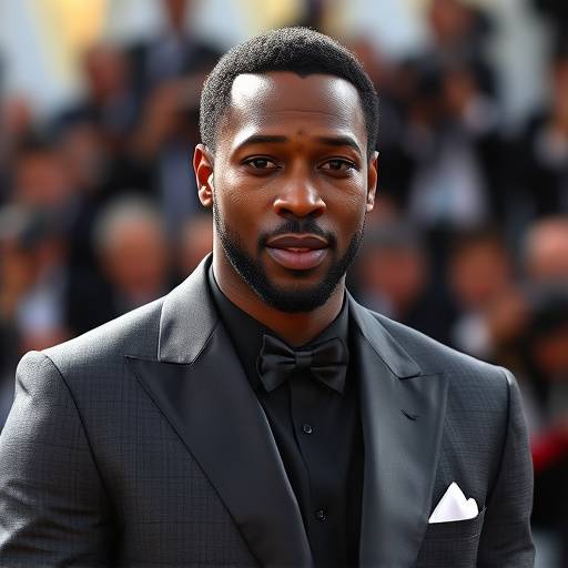Omar Sy posant sur le tapis rouge √† Cannes, v√™tu d'un costume √©l√©gant.