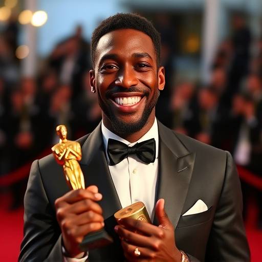 Omar Sy souriant sur le tapis rouge à Cannes, tenant son prix honorifique.